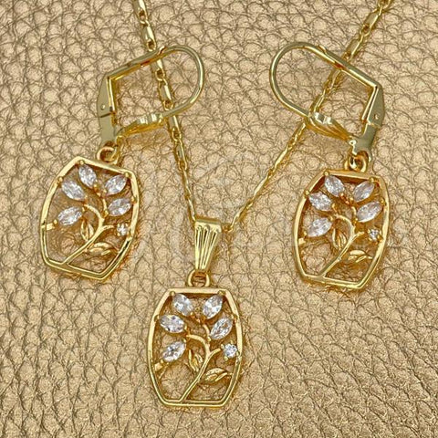Oro Laminado Earring and Pendant Adult Set, Gold Filled Style Leaf Design, with White Cubic Zirconia, Polished, Golden Finish, 10.287.0009