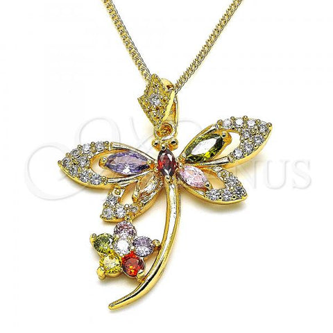 Oro Laminado Pendant Necklace, Gold Filled Style Dragon-Fly and Flower Design, with Multicolor Cubic Zirconia, Polished, Golden Finish, 04.283.0014.2.20