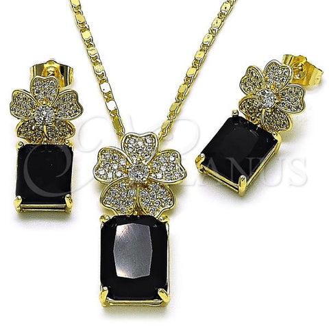Oro Laminado Earring and Pendant Adult Set, Gold Filled Style Flower Design, with Black Cubic Zirconia and White Micro Pave, Polished, Golden Finish, 10.196.0190.3