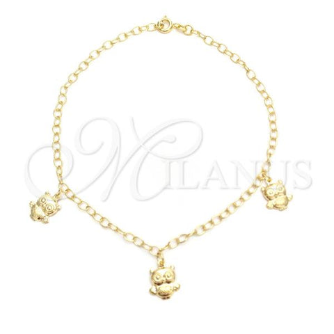 Oro Laminado Charm Anklet , Gold Filled Style Owl and Figaro Design, Polished, Golden Finish, 03.02.0058.10