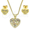 Oro Laminado Earring and Pendant Adult Set, Gold Filled Style Heart and Love Design, with Multicolor Cubic Zirconia, Polished, Golden Finish, 10.342.0019.1