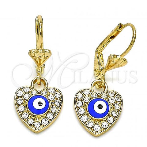 Oro Laminado Dangle Earring, Gold Filled Style Evil Eye and Heart Design, with White Crystal, Blue Enamel Finish, Golden Finish, 02.380.0085.1