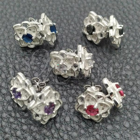 Sterling Silver Stud Earring, Flower Design, with White Cubic Zirconia, Polished, Silver Finish, 02.398.0016