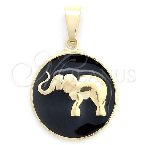 Oro Laminado Fancy Pendant, Gold Filled Style Elephant Design, Black Enamel Finish, Golden Finish, 05.32.0091