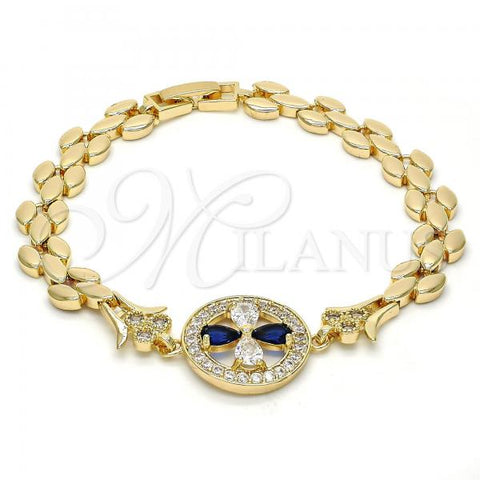 Oro Laminado Fancy Bracelet, Gold Filled Style Flower Design, with Sapphire Blue and White Cubic Zirconia, Polished, Golden Finish, 03.210.0044.3.08
