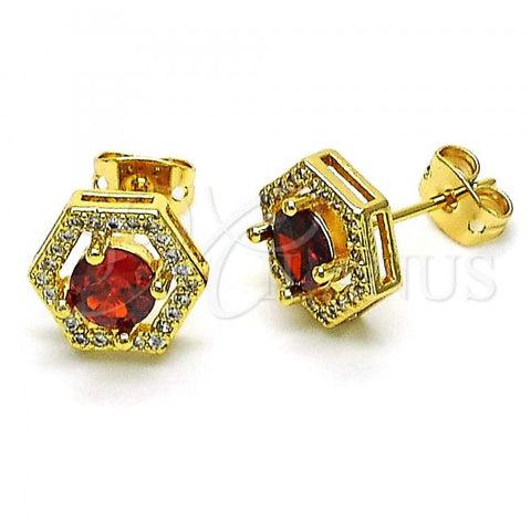 Oro Laminado Stud Earring, Gold Filled Style with Garnet Cubic Zirconia and White Micro Pave, Polished, Golden Finish, 02.342.0204.1