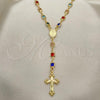 Oro Laminado Medium Rosary, Gold Filled Style Guadalupe and Crucifix Design, with Multicolor Crystal, Polished, Golden Finish, 09.326.0002.18