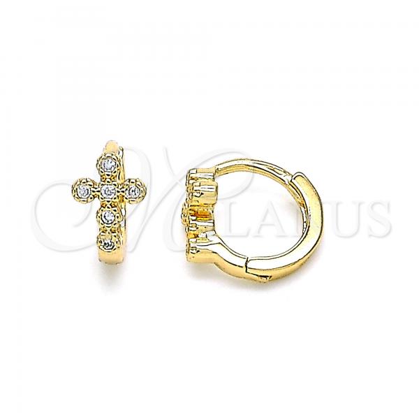 Oro Laminado Huggie Hoop, Gold Filled Style Cross Design, with White Micro Pave, Polished, Golden Finish, 02.213.0285.10