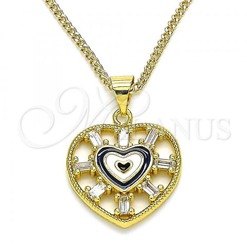 Oro Laminado Pendant Necklace, Gold Filled Style Heart Design, with White Cubic Zirconia, Blue Enamel Finish, Golden Finish, 04.313.0040.20