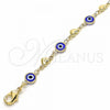 Oro Laminado Fancy Bracelet, Gold Filled Style Evil Eye and Heart Design, Blue Resin Finish, Golden Finish, 03.326.0008.2.06