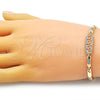 Oro Laminado Fancy Bracelet, Gold Filled Style Greek Key Design, with White Micro Pave, Polished, Golden Finish, 03.283.0326.07