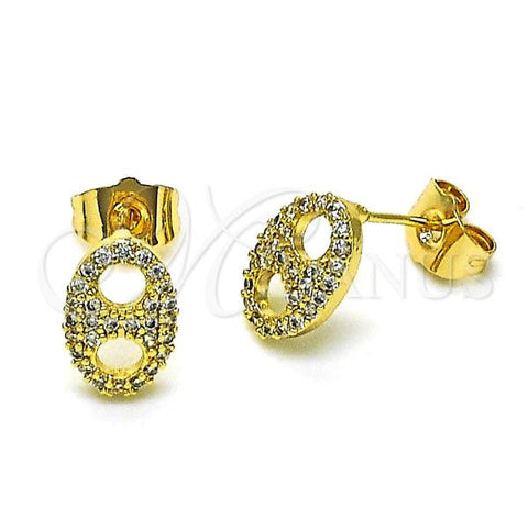 Oro Laminado Stud Earring, Gold Filled Style Puff Mariner Design, with White Micro Pave, Polished, Golden Finish, 02.283.0078
