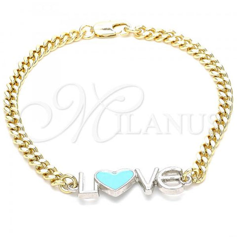 Oro Laminado Fancy Bracelet, Gold Filled Style Love and Heart Design, Turquoise Enamel Finish, Two Tone, 03.63.1858.07
