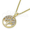 Oro Laminado Pendant Necklace, Gold Filled Style Tree Design, with White Cubic Zirconia, Polished, Golden Finish, 04.156.0386