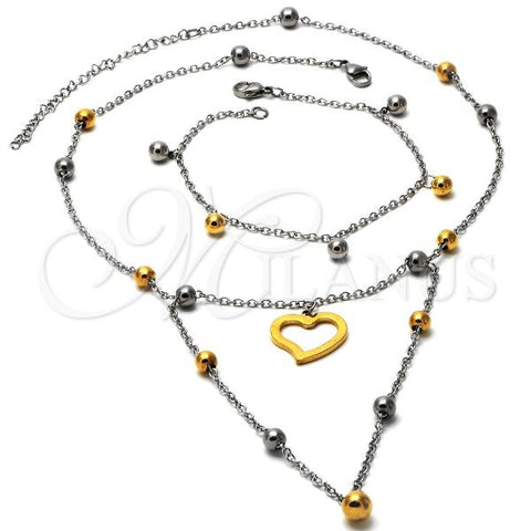 Stainless Steel Necklace, Bracelet and Earring, Heart and Ball Design, Polished, Two Tone, 06.231.0018