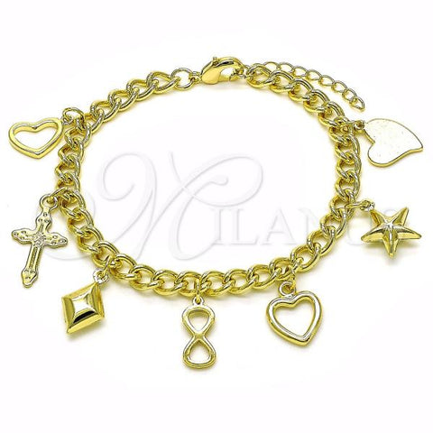 Oro Laminado Charm Bracelet, Gold Filled Style Miami Cuban and Heart Design, Polished, Golden Finish, 03.213.0257.07