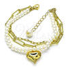 Oro Laminado Fancy Bracelet, Gold Filled Style Heart and Paperclip Design, with Ivory Pearl, Polished, Golden Finish, 03.405.0010.07
