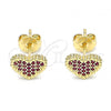 Oro Laminado Stud Earring, Gold Filled Style Heart Design, with Ruby Micro Pave, Polished, Golden Finish, 02.156.0446.1