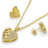 Oro Laminado Earring and Pendant Adult Set, Gold Filled Style Heart and Flower Design, with White Micro Pave, Polished, Golden Finish, 10.156.0066.1