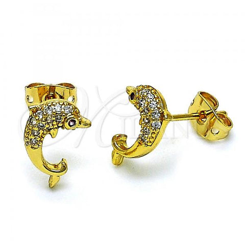 Oro Laminado Stud Earring, Gold Filled Style Dolphin Design, with White and Ruby Micro Pave, Polished, Golden Finish, 02.342.0219