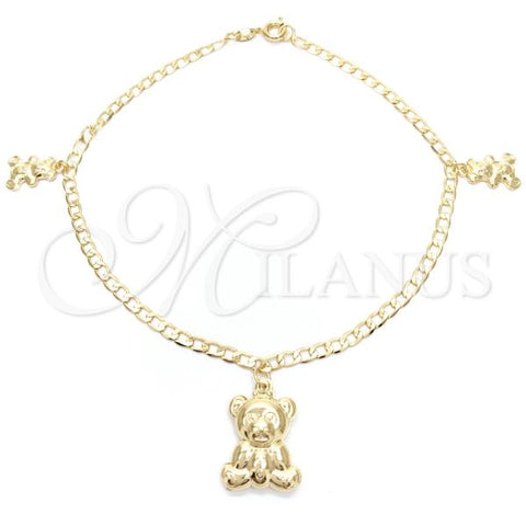 Oro Laminado Charm Anklet , Gold Filled Style Teddy Bear and Curb Design, Polished, Golden Finish, 03.58.0022.10