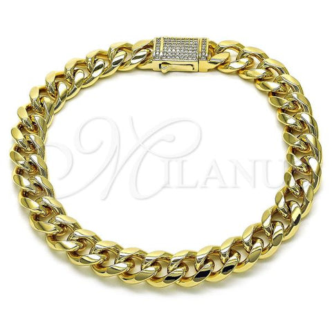 Oro Laminado Fancy Anklet, Gold Filled Style Miami Cuban Design, with White Micro Pave, Polished, Golden Finish, 03.253.0099.09