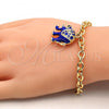 Oro Laminado Charm Bracelet, Gold Filled Style Elephant and Rolo Design, with White Crystal, Blue Enamel Finish, Golden Finish, 03.179.0001.3.07