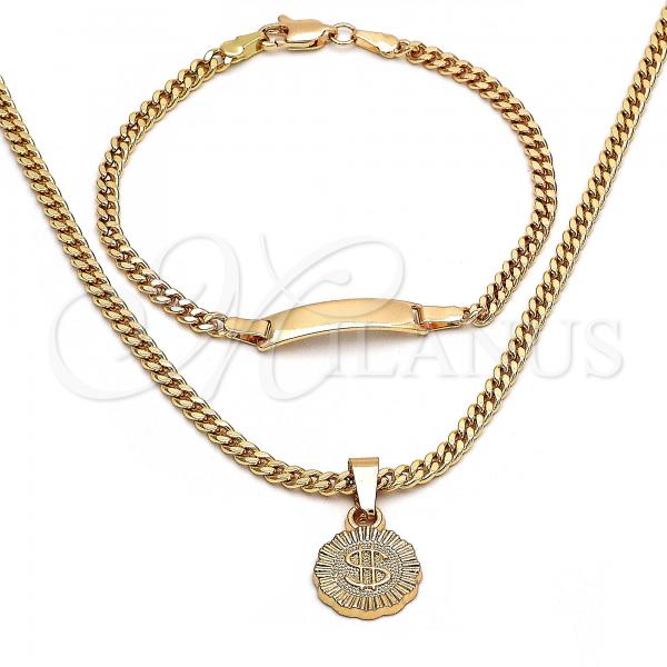 Oro Laminado Necklace and Bracelet, Gold Filled Style Money Sign Design, Polished, Golden Finish, 06.63.0263