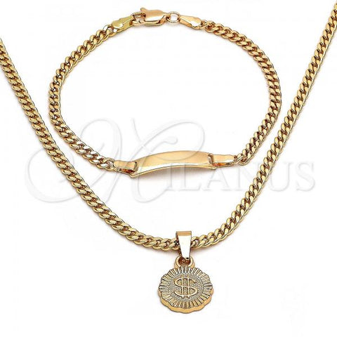 Oro Laminado Necklace and Bracelet, Gold Filled Style Money Sign Design, Polished, Golden Finish, 06.63.0263