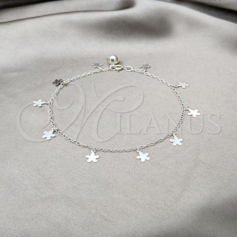 Sterling Silver Fancy Anklet, Flower Design, Polished, Silver Finish, 03.409.0073.10