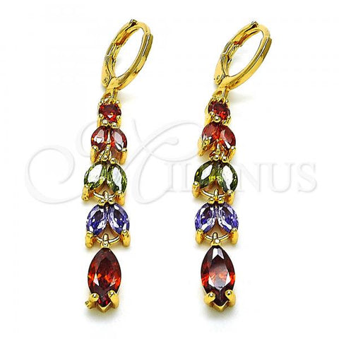 Oro Laminado Long Earring, Gold Filled Style Leaf Design, with Multicolor Cubic Zirconia, Polished, Golden Finish, 02.210.0827