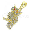 Oro Laminado Fancy Pendant, Gold Filled Style Owl Design, with White and Garnet Micro Pave, Polished, Golden Finish, 05.351.0097