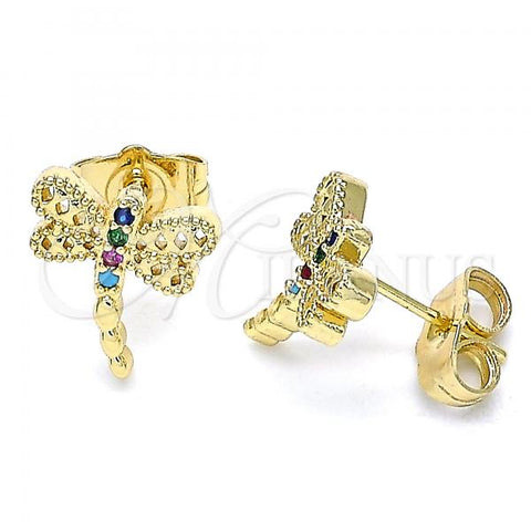 Oro Laminado Stud Earring, Gold Filled Style Dragon-Fly Design, with Multicolor Micro Pave, Polished, Golden Finish, 02.210.0465.1
