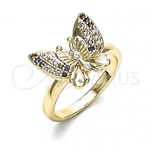 Oro Laminado Multi Stone Ring, Gold Filled Style Butterfly Design, with Multicolor Micro Pave, Polished, Golden Finish, 01.284.0070.1.09