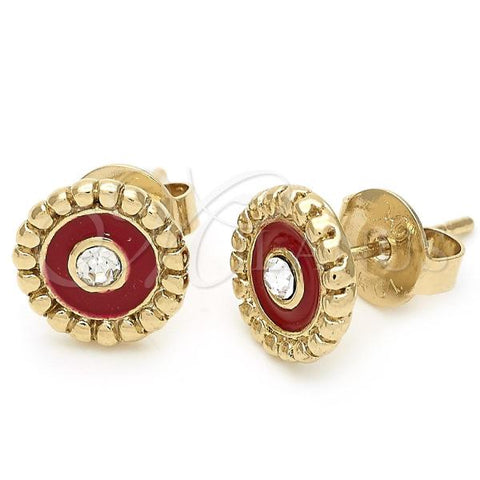 Oro Laminado Stud Earring, Gold Filled Style Flower Design, with White Crystal, Red Enamel Finish, Golden Finish, 02.64.0271 *PROMO*