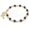 Oro Laminado Bracelet Rosary, Gold Filled Style Guadalupe and Crucifix Design, with Black and Orange Red Azavache, Polished, Golden Finish, 09.63.0109.1.08