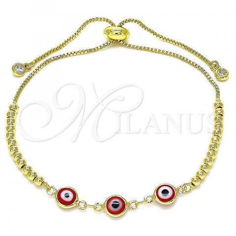 Oro Laminado Adjustable Bolo Bracelet, Gold Filled Style Evil Eye and Ball Design, with White Cubic Zirconia, Red Resin Finish, Golden Finish, 03.63.2216.11