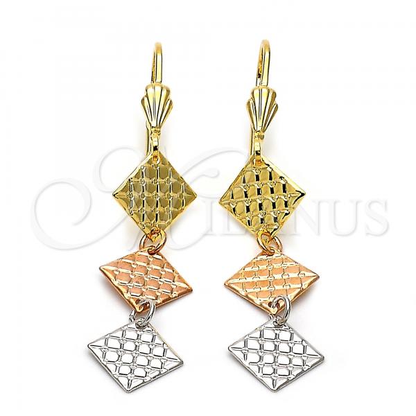 Oro Laminado Long Earring, Gold Filled Style Diamond Cutting Finish, Tricolor, 02.63.2154