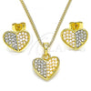 Oro Laminado Earring and Pendant Adult Set, Gold Filled Style Heart Design, with White Crystal and Ivory Pearl, Polished, Golden Finish, 10.379.0020