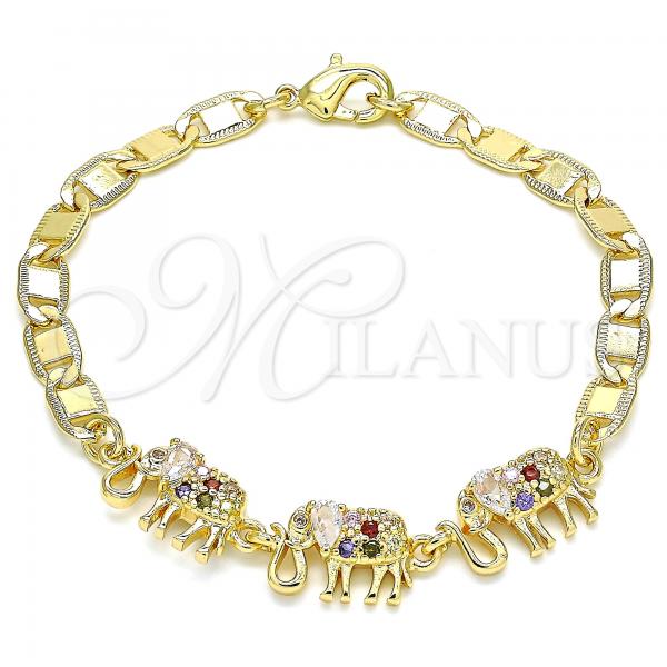 Oro Laminado Fancy Bracelet, Gold Filled Style Elephant Design, with Multicolor Cubic Zirconia, Polished, Golden Finish, 03.63.2131.3.07