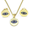 Oro Laminado Earring and Pendant Adult Set, Gold Filled Style with Sapphire Blue Micro Pave, Polished, Golden Finish, 10.156.0249.1