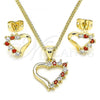 Oro Laminado Earring and Pendant Adult Set, Gold Filled Style Heart Design, with Garnet and White Cubic Zirconia, Polished, Golden Finish, 10.213.0013.1