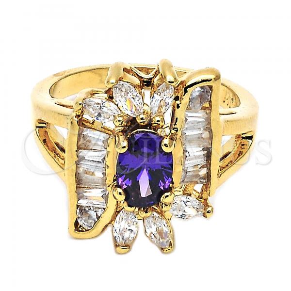 Oro Laminado Multi Stone Ring, Gold Filled Style Baguette and Cluster Design, with Amethyst and White Cubic Zirconia, Polished, Golden Finish, 5.170.002.07 (Size 7)