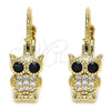 Oro Laminado Leverback Earring, Gold Filled Style Owl Design, with White and Black Micro Pave, Polished, Golden Finish, 02.210.0380