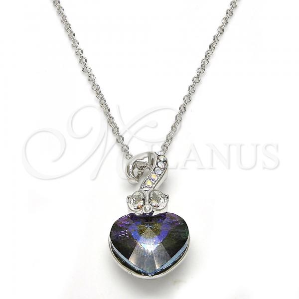 Rhodium Plated Pendant Necklace, Heart Design, with Paradise Shine and Aurore Boreale Swarovski Crystals, Polished, Rhodium Finish, 04.239.0044.10.18