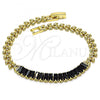 Oro Laminado Fancy Bracelet, Gold Filled Style Baguette and Leaf Design, with Black Cubic Zirconia, Polished, Golden Finish, 03.283.0277.07