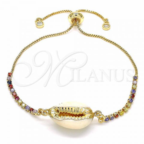 Oro Laminado Adjustable Bolo Bracelet, Gold Filled Style Shell Design, with Multicolor Cubic Zirconia, Polished, Golden Finish, 03.63.2086.11