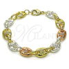 Oro Laminado Fancy Bracelet, Gold Filled Style Puff Mariner and Guadalupe Design, Polished, Tricolor, 03.411.0075.09