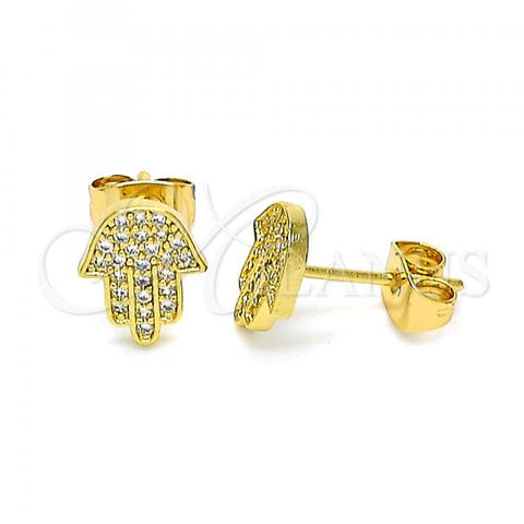 Oro Laminado Stud Earring, Gold Filled Style Hand of God Design, with White Micro Pave, Polished, Golden Finish, 02.344.0091