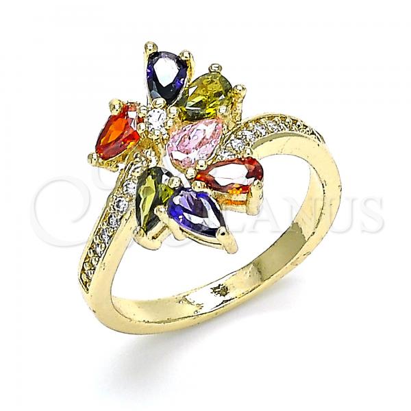 Oro Laminado Multi Stone Ring, Gold Filled Style Teardrop Design, with Multicolor Cubic Zirconia, Polished, Golden Finish, 01.210.0108.07